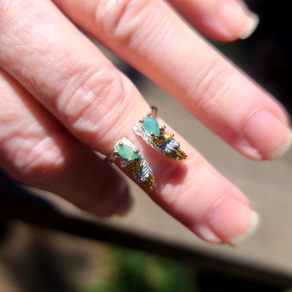 Emerald Sterling & gold Angel wings midi ring sz4 adjustable - Picture 9 of 12